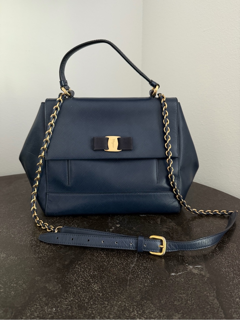 Salvatore Ferragamo Navy Saffiano Leather Vara Shoulder Bag with Gold Hardware